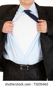 Businessman Superman Tearing His Shirt - Add Your Text Isolated On White. Close-up.