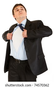 Businessman Superman Tearing His Shirt - Add Your Text Isolated On White