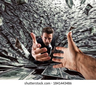 Businessman Swallowed By A Black Hole Of Money Needs Help. Concept Of Failure And Economic Crisis.