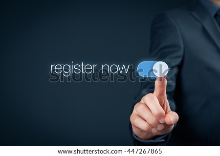 Businessman switch-on button register now, web registration concept.
