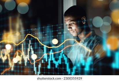 Businessman, tablet and dashboard at night of stock market, trading or graph and chart data at office. Man trader or broker working late on technology checking digital trends, analytics or statistics - Powered by Shutterstock