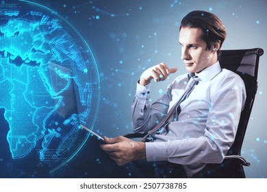 Businessman with tablet interacting with a glowing digital world map hologram. Futuristic tech background. Concept of global connection and technology - Powered by Shutterstock