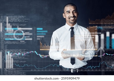 Businessman, tablet and overlay for finance in studio of stock market, trading graph and dashboard. Person, digital and data of futuristic investment, chart increase and statistics on dark background - Powered by Shutterstock - Get 15% off with code: PIKWIZARD15