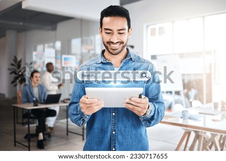 Businessman, tablet or search engine hologram for information, 3D or SEO graphic for iot research. Smile, happy and creative Asian person on digital technology for internet browsing overlay in office