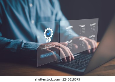 businessman Take an assessment for certificate, questionnaire, evaluation, online survey exam Choosing the right answer in the exam, filling out an online survey form. Answer the test questions. - Shutterstock ID 2245618595