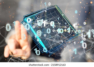 A businessman tapping on a render of a circuit board and binary code