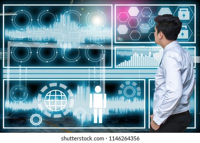 Businessman in technology  room lab data radar polar scan and
writing technology concept man working with virtual reality screen
black background