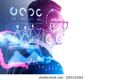 Businessman is thinking about benefiting from trading using digital interface with bar and pie diagrams, financial graph. Concept of profit, successful business plan, considering financial strategy - Shutterstock ID 2201153363