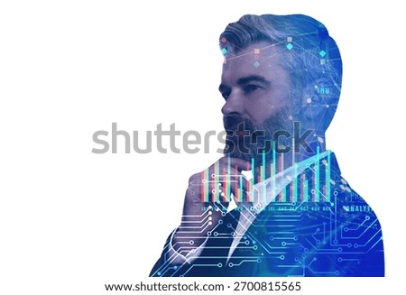 Businessman thinking about project, multiple exposure with graphs and circuit board pattern. Future technologies in business