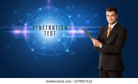 Businessman thinking about security solutions with PENETRATION TEST inscription