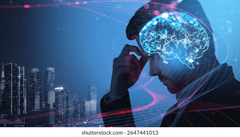 Businessman thinking with glowing brain network illustration over cityscape, futuristic graphic style, blue background, concept of digital intelligence