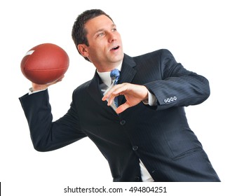 Businessman Throwing American Football On White