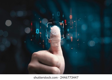 Businessman thrumb up with finger print and binary code for internet access and biometric encryption for cybersecurity network and user security concept.