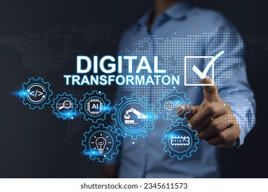 businessman tick check mark on digital transformation box to accept or adapt the industries or factory in digital age with data information to increase the productivity and process improvement