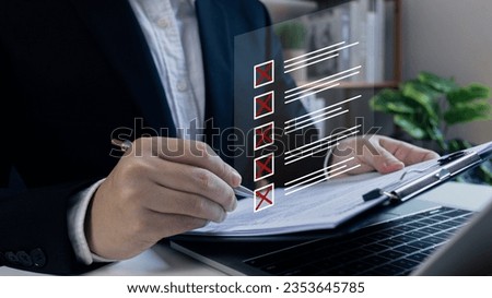 Businessman tick X mark to rejected document checklist icon.check problem solution management, Take an assessment, questionnaire, evaluation, vote yes result.