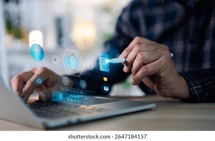 Businessman tools uses AI technology analyzing financial data stock market. AI learning and business artificial intelligence. Document data management on network, cybersecurity, digital transformation