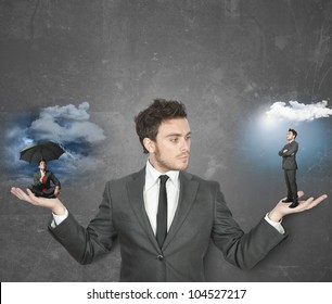 Businessman torn between being positive or negative - Shutterstock ID 104527217