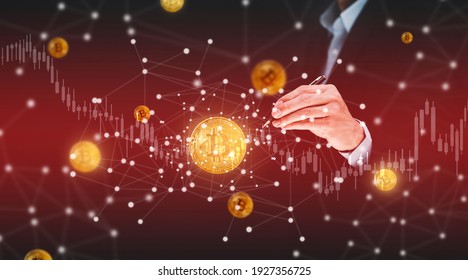 The Businessman Is Touch Bitcoins As Part Of A Business Network On Blue Background. Bitcoin Cryptocurrency Ideas Concept And Virtual Financial Chart Diagram, Digital Symbol Of A New Virtual Currency