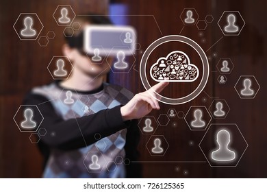Businessman touch button cloud in virtual reality device VR