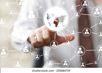 Businessman touch button interface map sign web