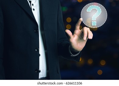 Businessman touch button interface question icon web..