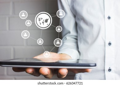 Businessman touch button interface web map icon