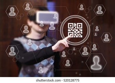 Businessman touch button qr code barcode product in virtual reality device VR