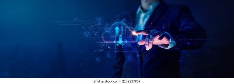 Businessman touch cloud computing icon network. Cloud technology, Cloud data transfer and online data storage for business network confidential data of business on internet storage network. - Shutterstock ID 2149237959