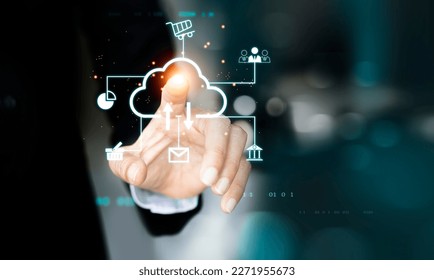 Businessman touch cloud computing icon network. Cloud technology data transfer and online data storage for business network confidential on internet storage network.