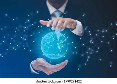 Businessman touch the earth icon in line graph Screen Icon of media screen,Technology Process System Business concept. - Shutterstock ID 1799291422