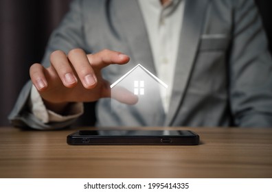 Businessman Touch Experience Virtual Infographic House On Mobile Best Residential Real Estate Investment And Save Money For Family Planning Foundation And Stability Energy Saving Financial Analysis.