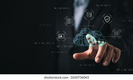 businessman touch with a glowing digital cloud icon connected to data and security symbols, cloud computing, digital infrastructure, cybersecurity, data storage, and enterprise technology systems.