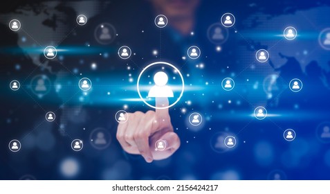 Businessman touch HR Human ,people icon on the graph Screen of a media screen, Technology Process System Business with Recruitment, Hiring, Team Building. Organisation structure concept. - Shutterstock ID 2156424217