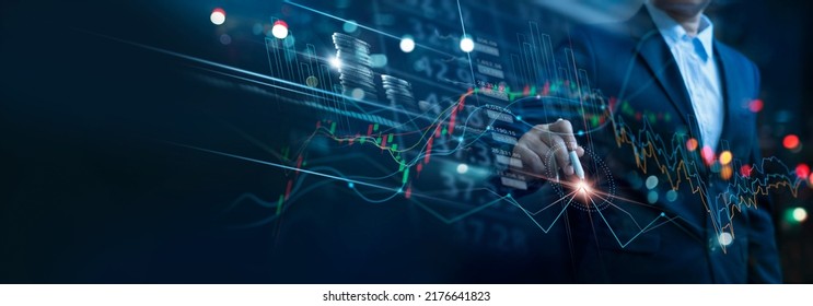 Businessman touch investment growth graph chart and analysing growth achievement diagram data trading and exchange, Stock market, Investment, Banking and dynamics of financial growth of business - Shutterstock ID 2176641823
