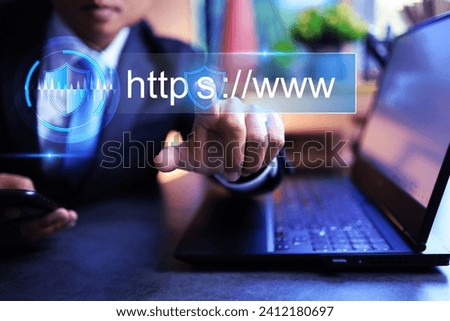 Businessman touch on security https www choosing a domain type is more secure to increase security for website and encrypted communication protocol using asymmetric algorithm
