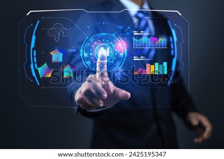 Businessman touch on virtual dash board ai interface screen to command for data summary from cloud computing big data and generative from artificial intelligence