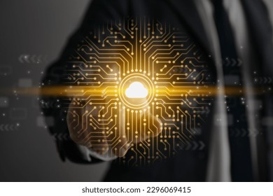 Businessman Touch Screen and Cloud Computing Technology Concept Icon and PCB Printed Circuit Line. Online Internet,Connection,Network and Communication Concept