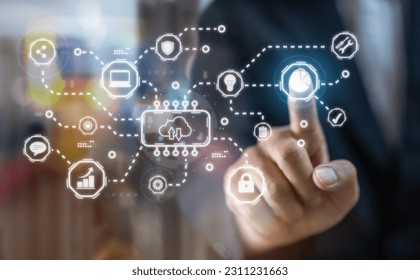 Businessman touch screen cloud technology transfer, Data storage, network, Internet, server services, online, system for sharing download and upload big data information, backup service concept