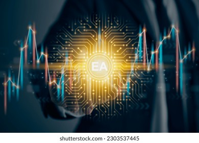 Businessman Touch Screen and EA Expert Advisor Icon and Stock Graph and PCB Printed Circuit Board Line. Financial,Economics,Business and Technology Concept in Vintage Tone