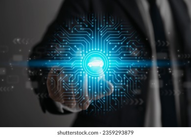 Businessman Touch Screen and Side View Blue EV Car Electric Vehicle Icon and PCB Printed Circuit Board Line. Business,Technology and Car or Automobile Innovation Concept