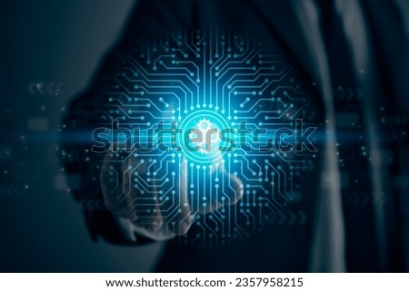 Businessman Touch Screen and Small Blue Gear Wheel Technology or Business Concept Icon and PCB Printed Circuit Line. Online Gear Business,Connection and Technology Concept in Vintage Tone