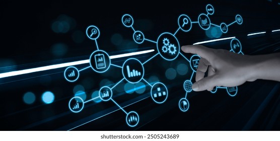 Businessman touch virtual screen graph Icon of a media screenDigital transformation change management, internet of things.Technology Process System Business with Communication and marketing concept