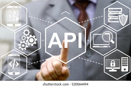 businessman touched API acronym word icon on virtual screen on background of tech devices. Man presses button on touch screen interface and select "API". Business, Internet and technology concept. - Shutterstock ID 520064494
