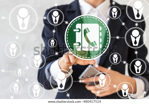 Businessman touched contact book icon with\
handset on touch screen. Businesswoman presses button phone adress\
book. Address book sign, search contact. Internet, network, call,\
business concept.