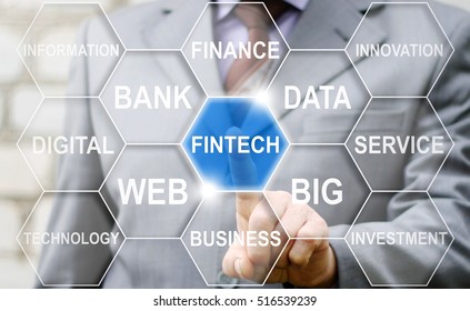 Businessman touched fintech word on touch screen. FINTECH finance icon concept. Banking stock trading button. Internet, technology. Financial cloud hexagon tag. Finance internet technology.