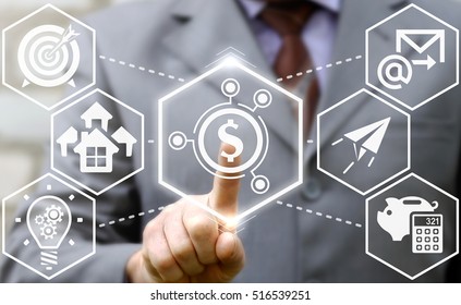 Businessman Touched Icon Modeling Dollar Finance On Touch Screen. Model Financial Sign Concept. Building Information Modeling. Internet, Technology, Bim. Styling Economy Investment Money Network.