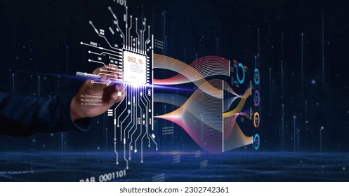 Businessman touched quantum computing on a virtual screen of network server big data, Up to speed and accuracy of processing. Quantum Computer for Industry 4.0 and smart robot business or AI. - Powered by Shutterstock - Get 15% off with code: PIKWIZARD15