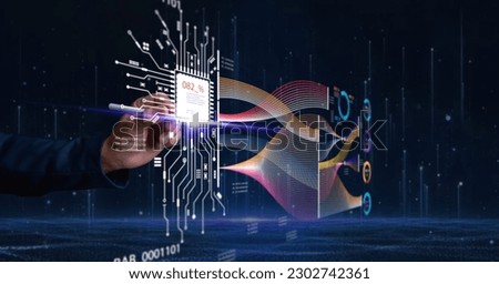 Businessman touched quantum computing on a virtual screen of network server big data, Up to speed and accuracy of processing. Quantum Computer for Industry 4.0 and smart robot business or AI.