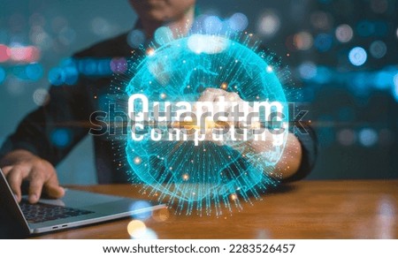 Businessman touched quantum computing text on virtual screen of network server big data, Up to speed and accuracy of processing. Quantum Computer for Industry 4.0 and smart robot business or AI.