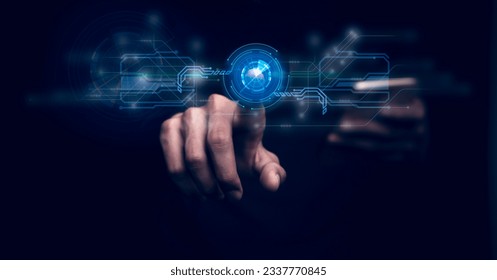 Businessman touches the circuit, futuristic technology digital background. Marketing online business or security system cyber world cutting edge innovation.

